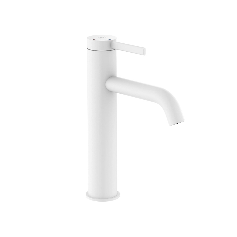 Cut out image of the Roca Ona Matt White Medium-Height Basin Mixer Tap with Click-Clack Waste